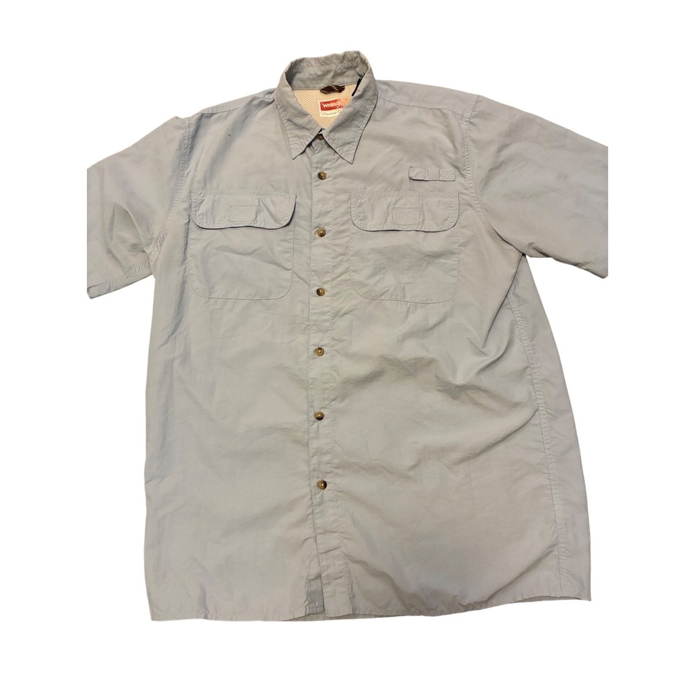 Vintage Wrangler Mens Light Blue Short Sleeve Fishing Shirt Utility Pockets M